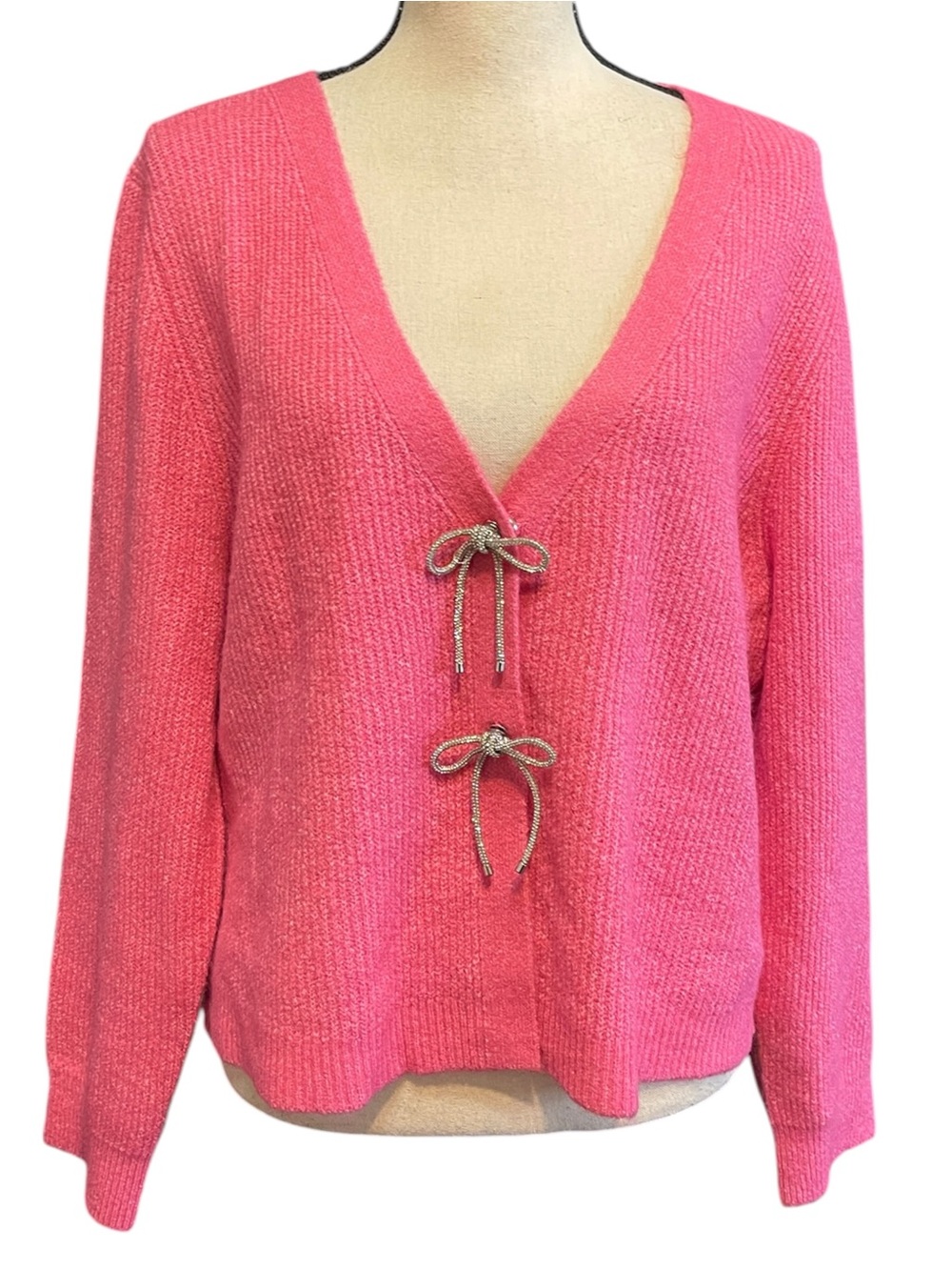 NWT Vigoss Hot Barbie Pink Knit Cardigan Sparkle Rhinestone Bow Coquette
